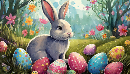 Painting of Easter Rabbit in a field with Easter eggs