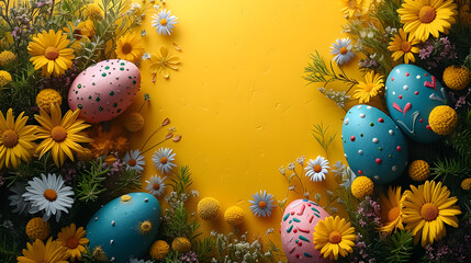 easter background with copy space for text, copy space for text, copy space for text, top view, top view, top view. easter day background with copy space for text. yellow background 3d rendering 4k A
