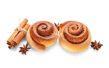 Tasty cinnamon rolls on white background