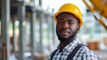 Smiling Black engineer in hardhat at construction site