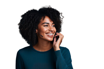Portrait of a smiling African American woman wearing headset, isolated on transparent background