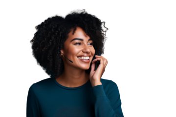 Portrait of a smiling African American woman wearing headset, isolated on transparent background