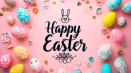 Easter card with the inscription Happy Easter on a pink background with the Easter bunny