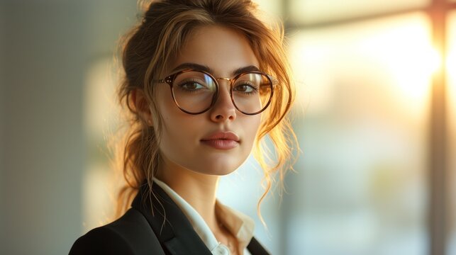 Stylish young italian woman lawyer with glasses, backlit by sunset