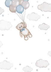 Сhildren's border frame illustration - teddy bear flies with air balloons in sky clouds. Baby shower, announcement, birthday party, newborn event. Watercolor clipart drawing, template, print, poster.