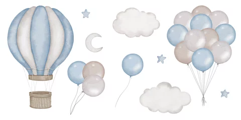 Papier Peint photo Montgolfière Baby shower invitation elements - hot air balloon basket, air ballons, clouds, moon, stars. Announcement, birthday party, newborn event. Watercolor clipart drawing, template, print, poster, pattern.