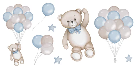Fotobehang Baby shower invitation elements - teddy bear, air balloons, stars. Announcement birthday party newborn event. Watercolor drawing, template, print, poster, pattern. © Veris Studio