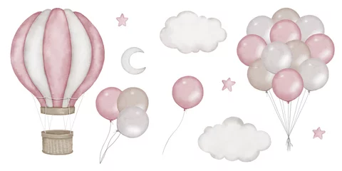 Wall murals Air balloon Baby shower invitation elements - hot air balloon basket, air ballons, clouds, moon, stars. Announcement, birthday party, newborn event. Watercolor clipart drawing, template, print, poster, pattern.