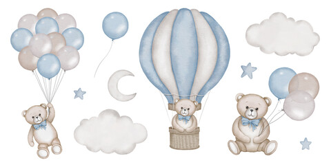 Baby shower invitation elements - teddy bear, hot air balloon basket, air ballons, clouds, moon, stars. Announcement birthday party newborn event. Watercolor drawing, template, print, poster, pattern. - obrazy, fototapety, plakaty