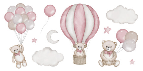 Baby shower invitation elements - teddy bear, hot air balloon basket, air ballons, clouds, moon, stars. Announcement birthday party newborn event. Watercolor drawing, template, print, poster, pattern.