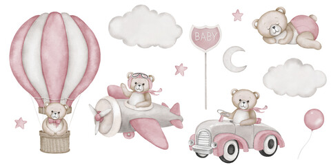 Baby shower invitation elements - teddy bear, hot air balloon basket, airplane, car, moon, stars, clouds. Announcement birthday party newborn event. Watercolor drawing, template, print poster pattern.