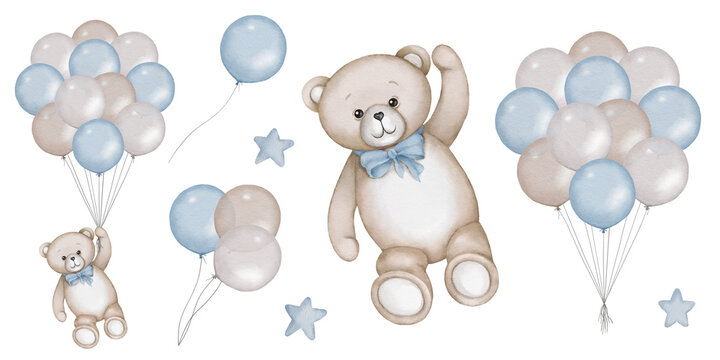 Baby shower invitation elements - teddy bear, air balloons, stars. Announcement birthday party newborn event. Watercolor drawing, template, print, poster, pattern.