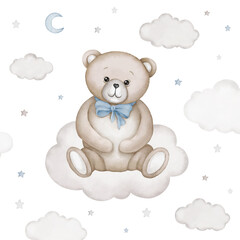 Cute teddy bear sits on white cloud illustration. Watercolor hand drawn poster with white isolated background. Baby shower, birthday clipart.