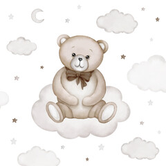 Cute teddy bear sits on white cloud illustration. Watercolor hand drawn poster with white isolated background. Baby shower, birthday clipart.