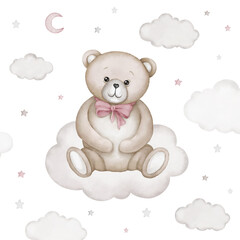 Cute teddy bear sits on white cloud illustration. Watercolor hand drawn poster with white isolated background. Baby shower, birthday clipart.