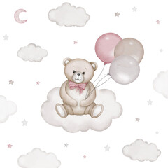 Cute teddy bear sits on white cloud with air balloons illustration. Watercolor hand drawn poster with white isolated background. Baby shower, birthday clipart.