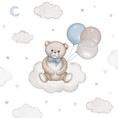 Cute teddy bear sits on white cloud with air balloons illustration. Watercolor hand drawn poster with white isolated background. Baby shower, birthday clipart.