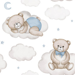 Seamless pattern with cute bears on white clouds. Watercolor hand drawn illustration with white isolated background. Teddy bear sleeps on cloud and sits on cloud in the sky. Baby shower clipart.