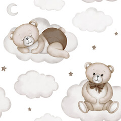 Seamless pattern with cute bears on white clouds. Watercolor hand drawn illustration with white isolated background. Teddy bear sleeps on cloud and sits on cloud in the sky. Baby shower clipart.