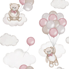 Seamless pattern with cute teddy bear flying with air balloons and sits on white cloud. Watercolor hand drawn illustration with white isolated background. Baby shower clipart. Wrapping paper, textile.