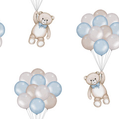 Seamless pattern with cute teddy bears flying with air balloons. Watercolor hand drawn illustration with white isolated background. Baby shower clipart.