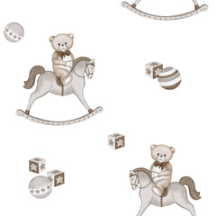 Seamless pattern with cute teddy bear on rocking horse. Watercolor hand drawn illustration with white isolated background. Toy balls, toy cubes blocks. Baby shower clipart.