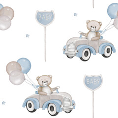 Seamless pattern with cute teddy bear driving pink car and baby sign. Watercolor hand drawn illustration with white isolated background. Baby shower clipart. Wrapping paper, fabric textile pattern.