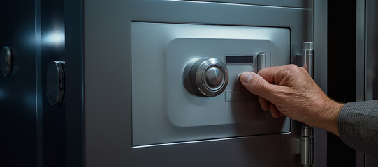 A Close-Up View of a Hand Opening a Modern Safe's Combination Lock. Concept of security and confidentiality.