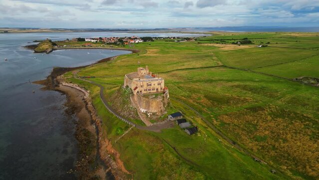 Lindisfarne Castle on the Northumberland coast, England. aerial view