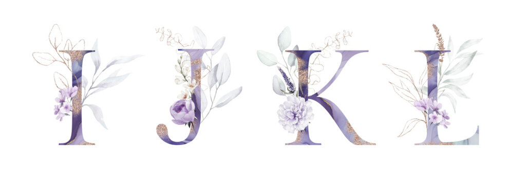 Violet Purple Gold Floral Alphabet Set Collection - letters I, J, K, L with purple flowers, green gold botanic branch bouquet composition. Wedding invitation, birthday, baby shower. Rose, peony.