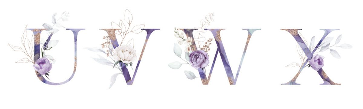 Violet Purple Gold Floral Alphabet Set Collection - letters U, V, W, X with purple flowers, green gold botanic branch bouquet composition. Wedding invitation, birthday, baby shower. Rose, peony.