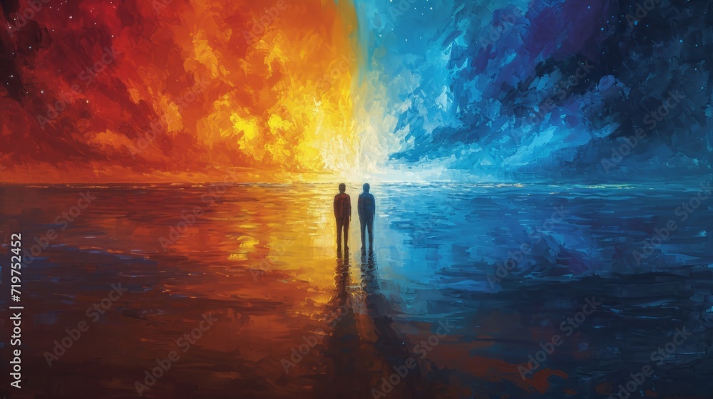 Canvas Prints Two people standing in front of a colorful sunset on the beach, AI