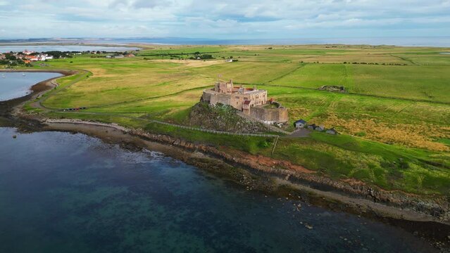 Lindisfarne Castle on the Northumberland coast, England. aerial view