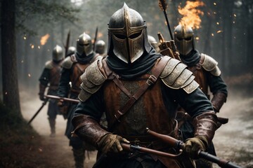 Group of Knights Walking Through a Dense Forest. Generative AI.