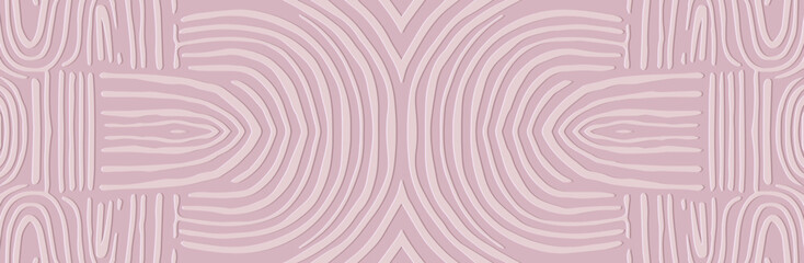 Banner, tribal cover design in hand drawn style. Relief ethnic geometric 3D pattern of abstract lines on a pink background. Artistic art of the East, Asia, India, Mexico, Aztec, Peru.