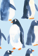 ペンギンの水彩イラスト、はがきサイズ、寒中見舞い