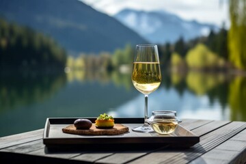 A beverage and food pairing with a scenic background. Generative AI