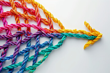 A group of colorful ropes coming together to form a direction arrow. Teamwork concept - obrazy, fototapety, plakaty
