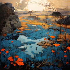 hand draw painting artwork graphic oil landscape indigo orange poster scenery sunset