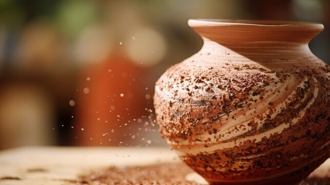 Closeup of a potters wheel covered in speckles of clay and forming a perfectly shaped vase.