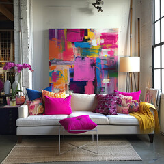 Vibrant Fuchsia Pillows in a Bold Art Studio