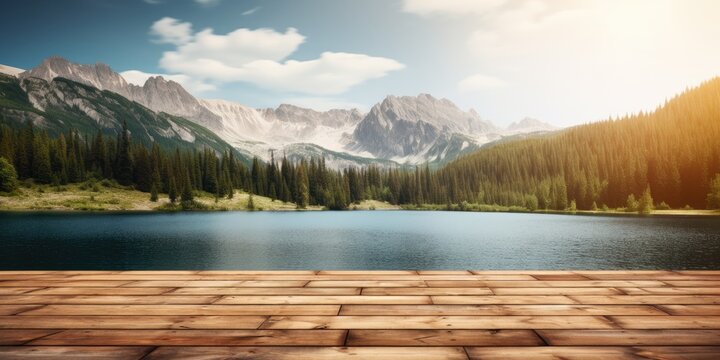 Vibrant image of summer lakes and mountains on an empty wooden table top.