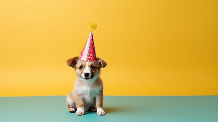Fototapeta na wymiar A photograph of a joyful cute Basset Hound dog wearing a colorful birthday hat, with a tongue out in a happy expression, against a pastel
