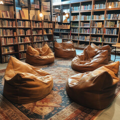 Caramel Brown Bean Bags in a Cozy Library