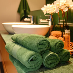 Obraz na płótnie Canvas Emerald Green Towels in a Luxurious Spa Bathroom