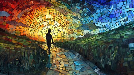 Stained glass garden wallpaper with bright colors There was a shadow of a person walking towards his destination.