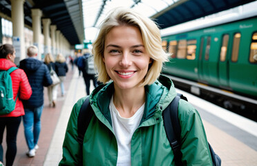 Beautiful blond traveller woman on train station