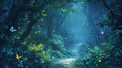 Night in the jungle. A beautiful path through the jungle. Tropical background. Mysterious impenetrable jungle overgrown with exotic plants. Night magic. Atmospheric forest. Generative AI