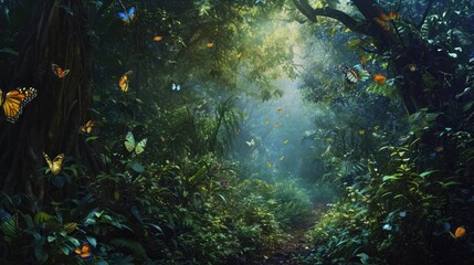 Fototapeta na wymiar Night in the jungle. A beautiful path through the jungle. Tropical background. Mysterious impenetrable jungle overgrown with exotic plants. Night magic. Atmospheric forest. Generative AI