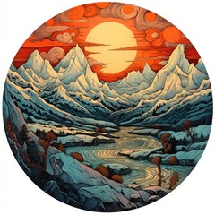 snow winter hand draw painting artwork graphic oil landscape indigo orange poster scenery sunset
